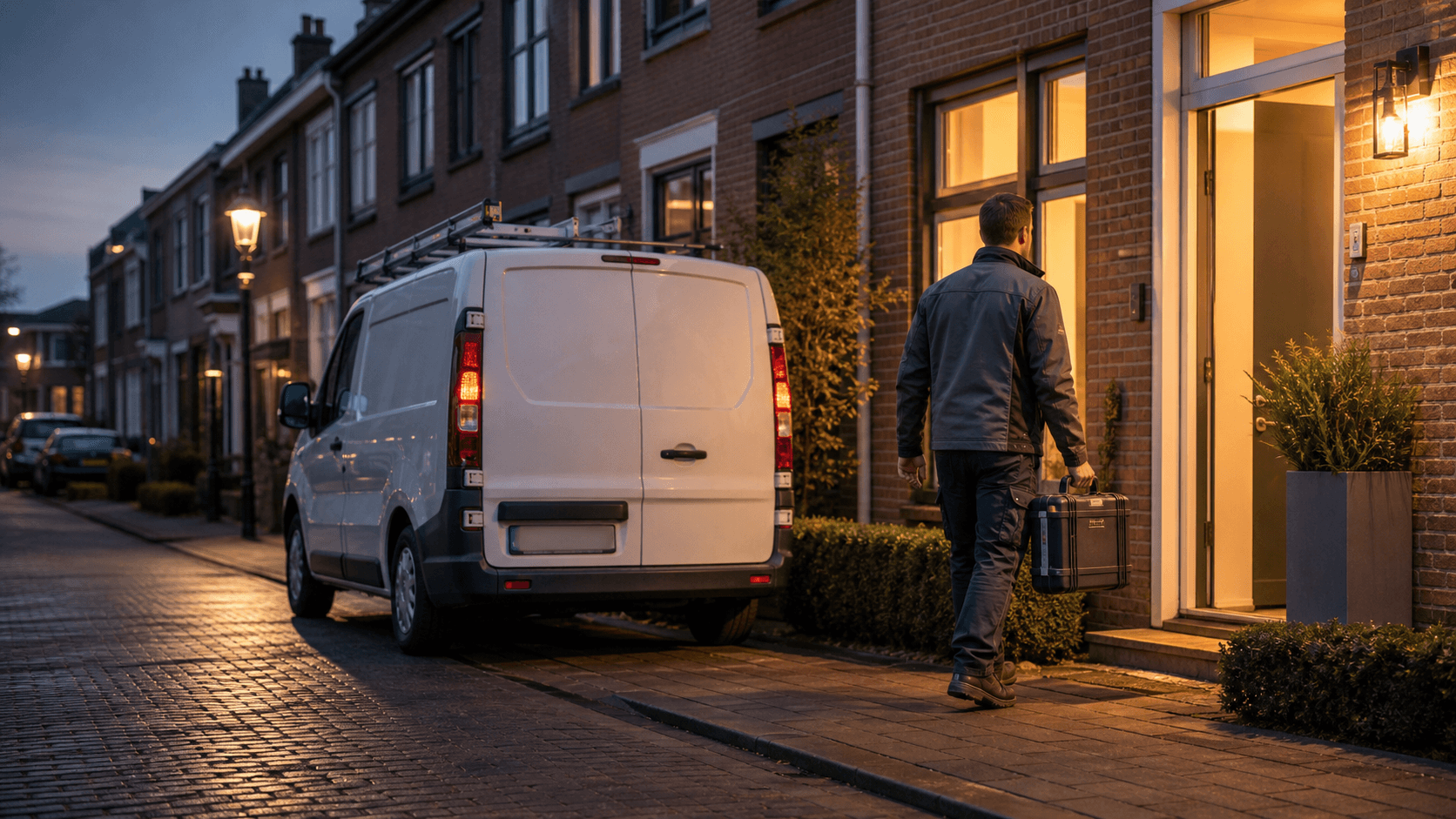 Slotenmaker staat bij een Nederlandse voordeur met professioneel gereedschap
